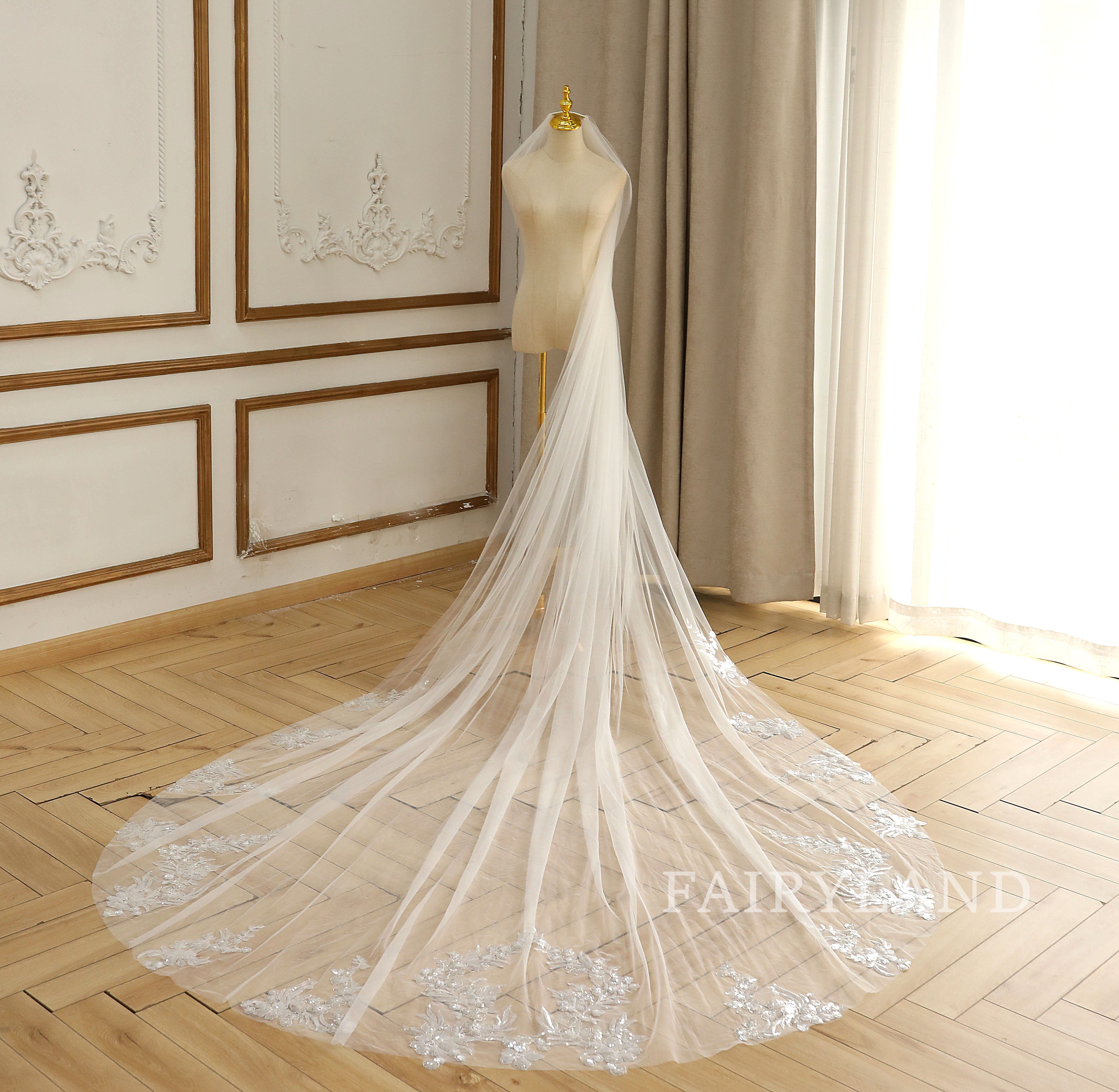 Long Glitter Flower Sequins Wedding Bridal Veil With Comb
