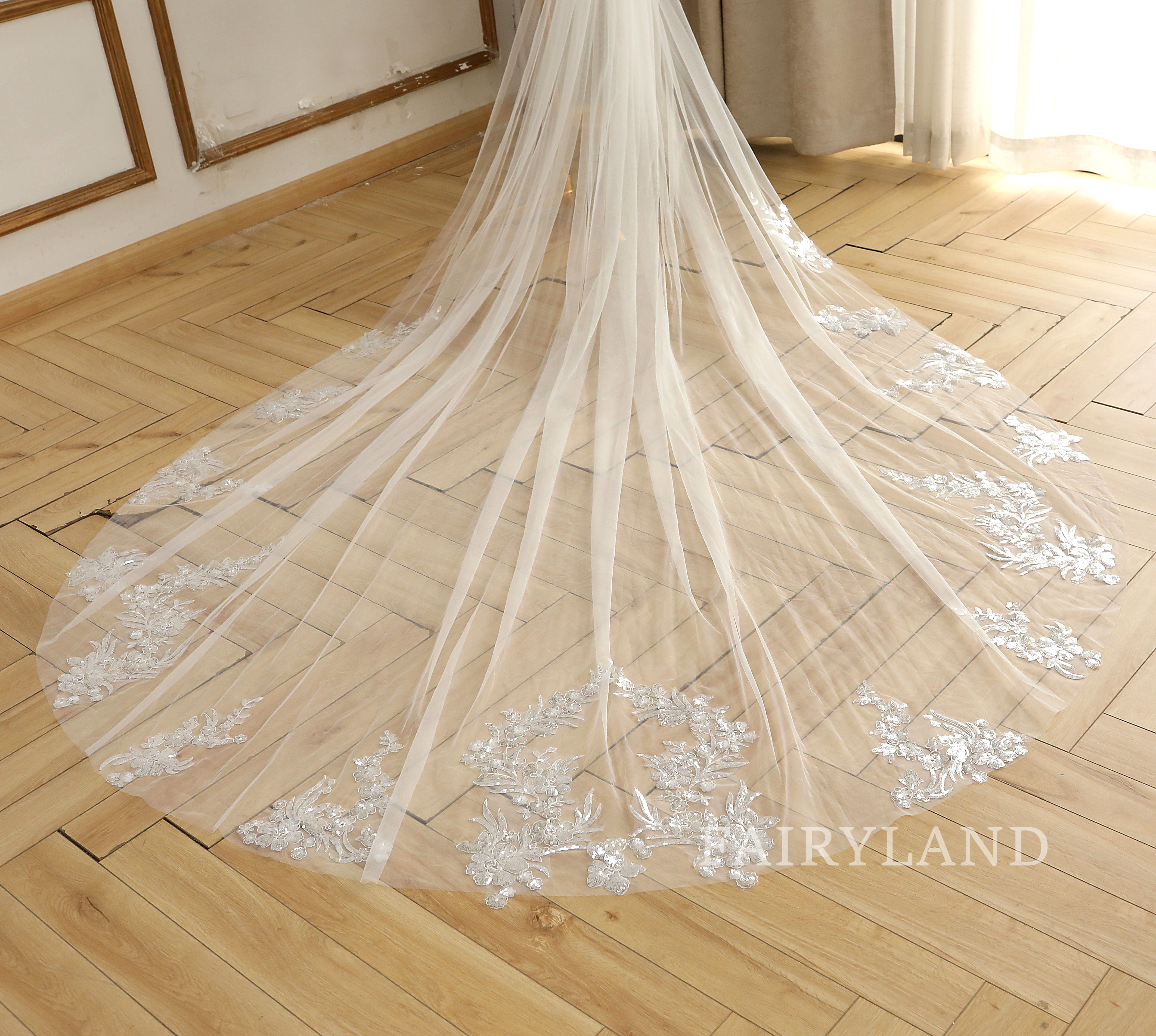Long Glitter Flower Sequins Wedding Bridal Veil With Comb